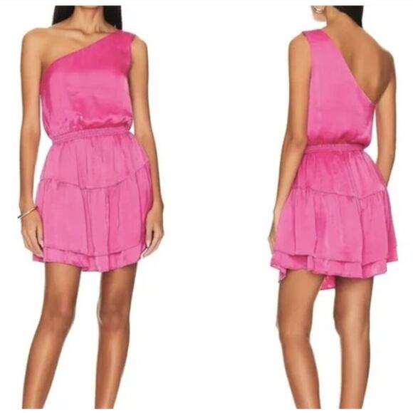Steve Madden On Pointe Dress One Shoulder Elastic Waist Tiered Mini Pink M - Picture 1 of 9
